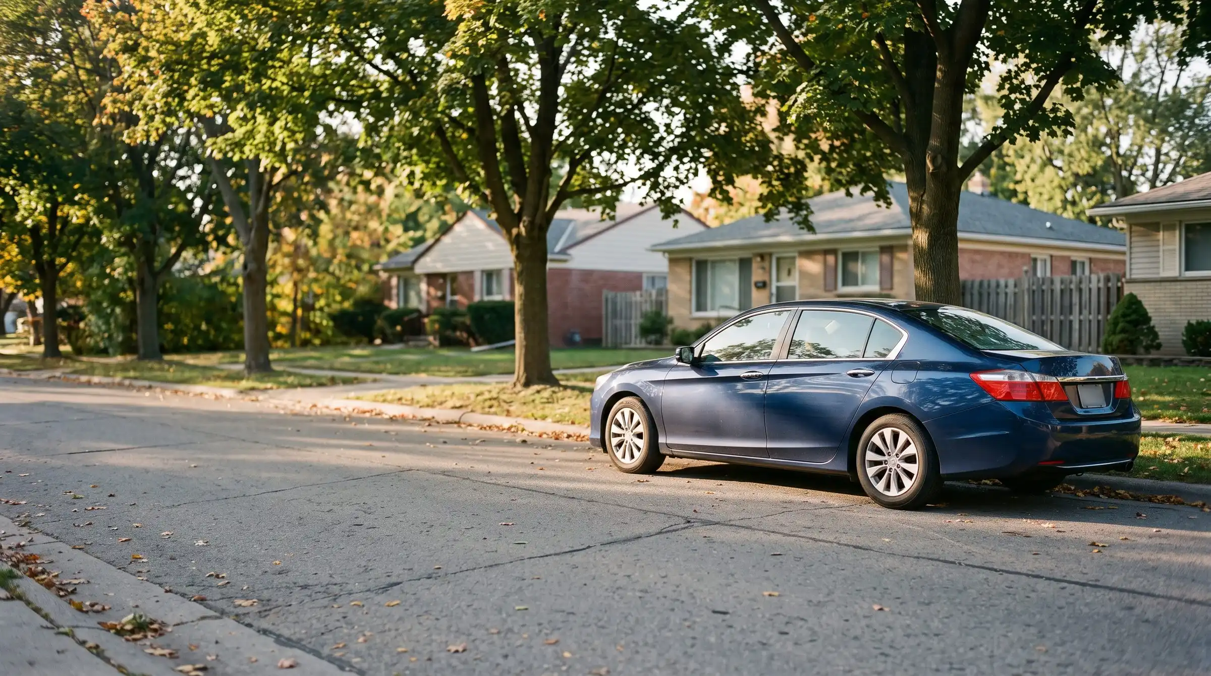 Blue sedan parked on a leafy residential street in Warren, Michigan