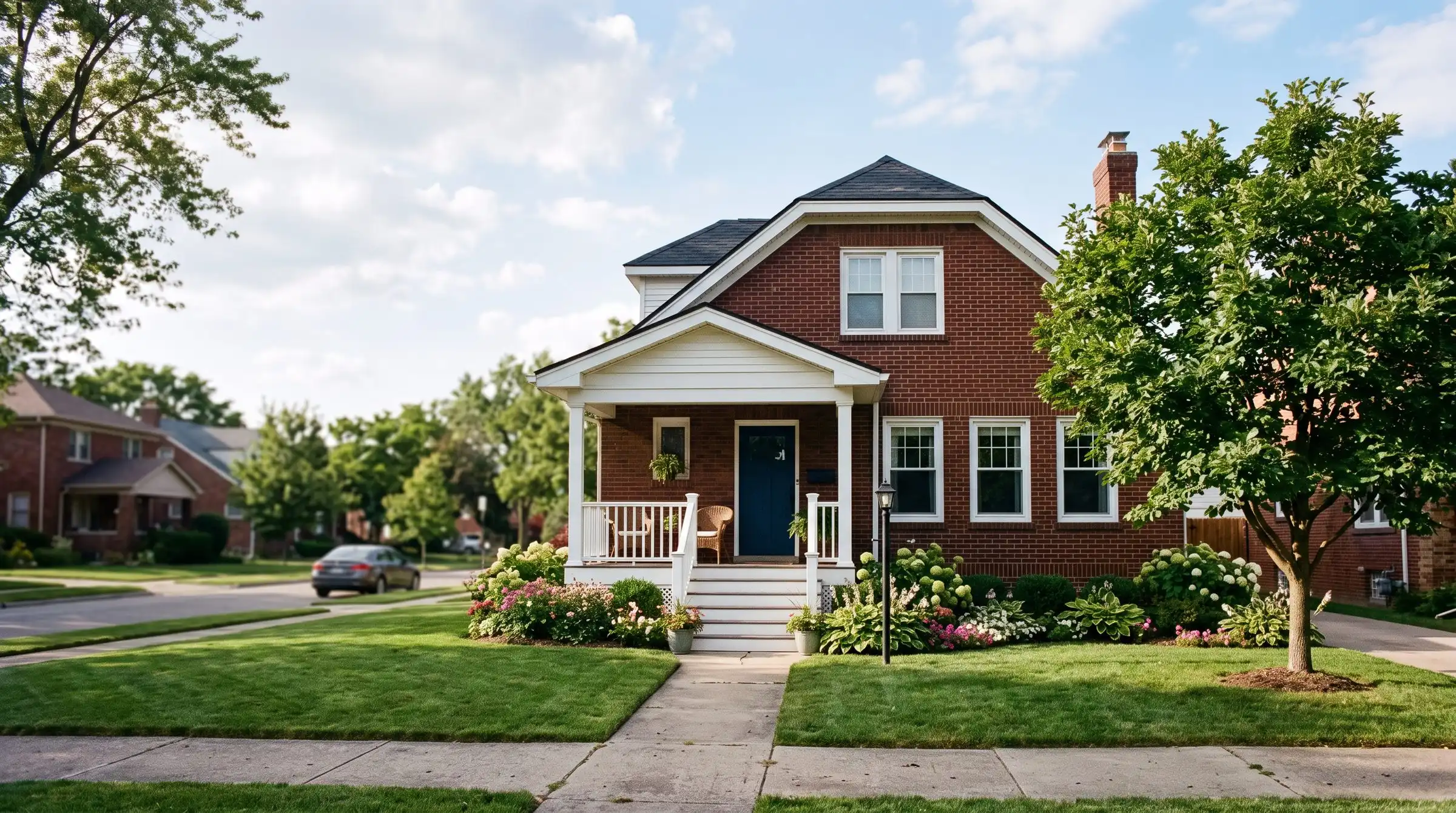 Red-brick bungalow with a covered front porch and a well-kept lawn
