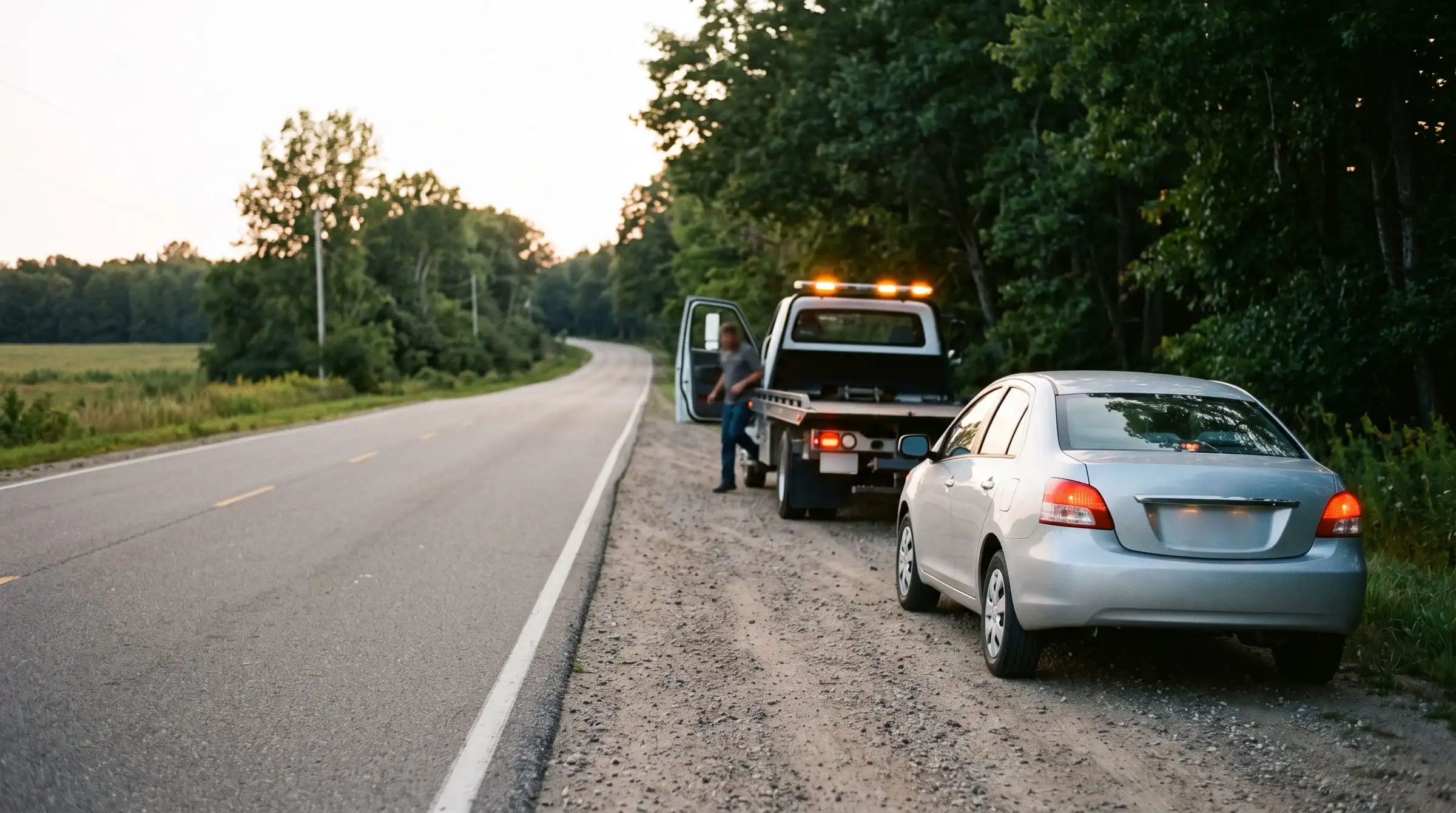 Car stopped on a road shoulder with hazard lights on as a tow truck arrives
