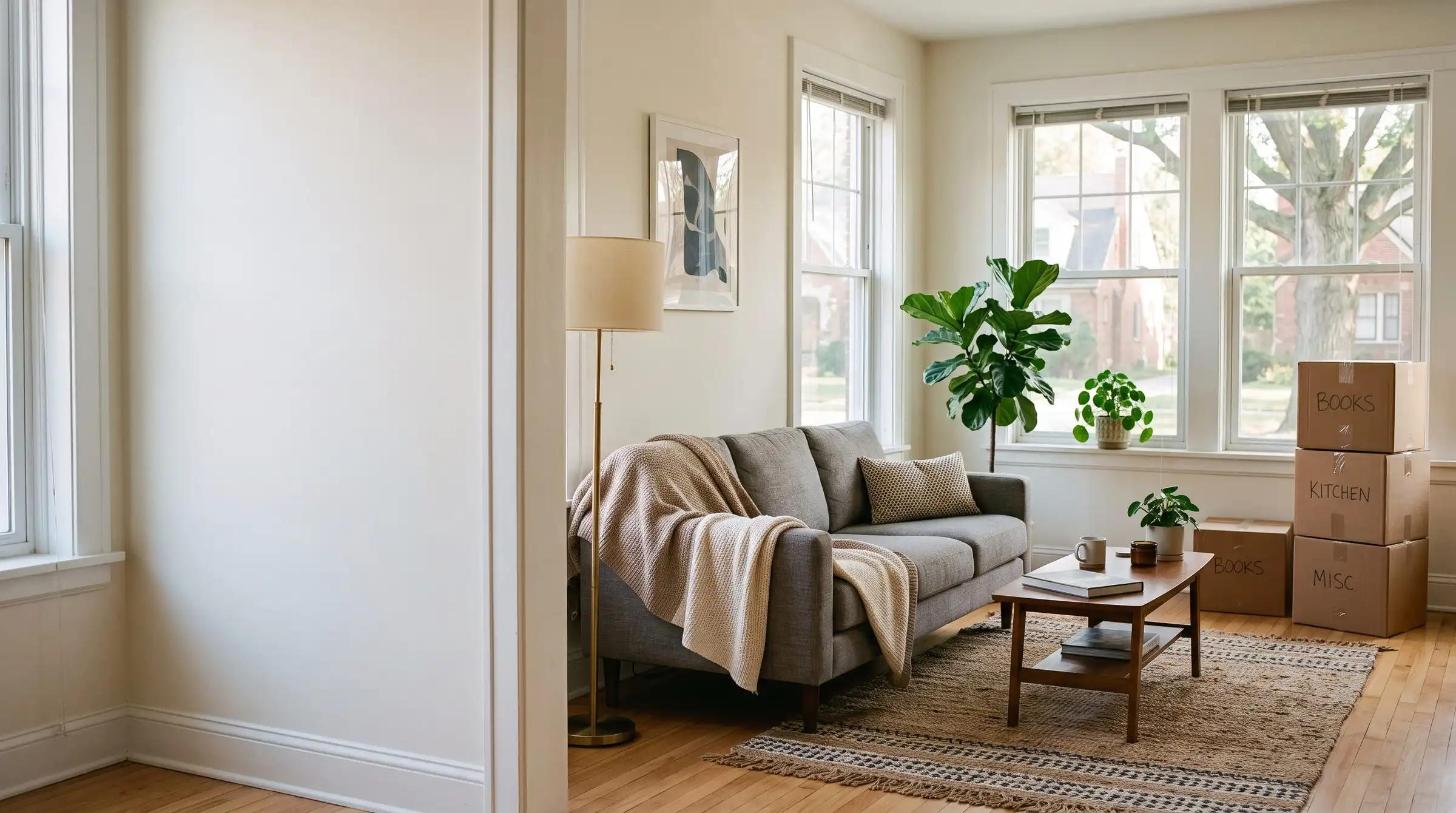 Bright apartment living room with moving boxes stacked by the window